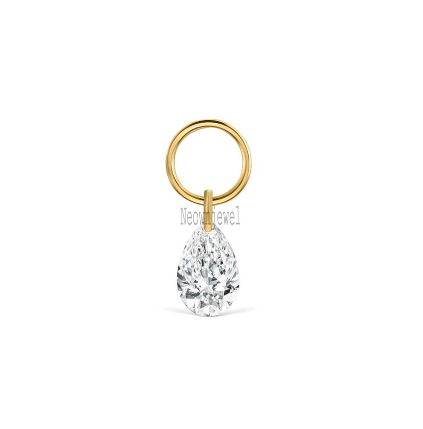 Pear Floating Diamond Charm Single Pear Diamond Earrings Pear Floating Diamond Drop Piercing