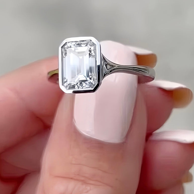 Bezel Set Moissanite Engagement Ring 2 Ct Colorless Emerald Moissanite Solitaire Wedding Ring