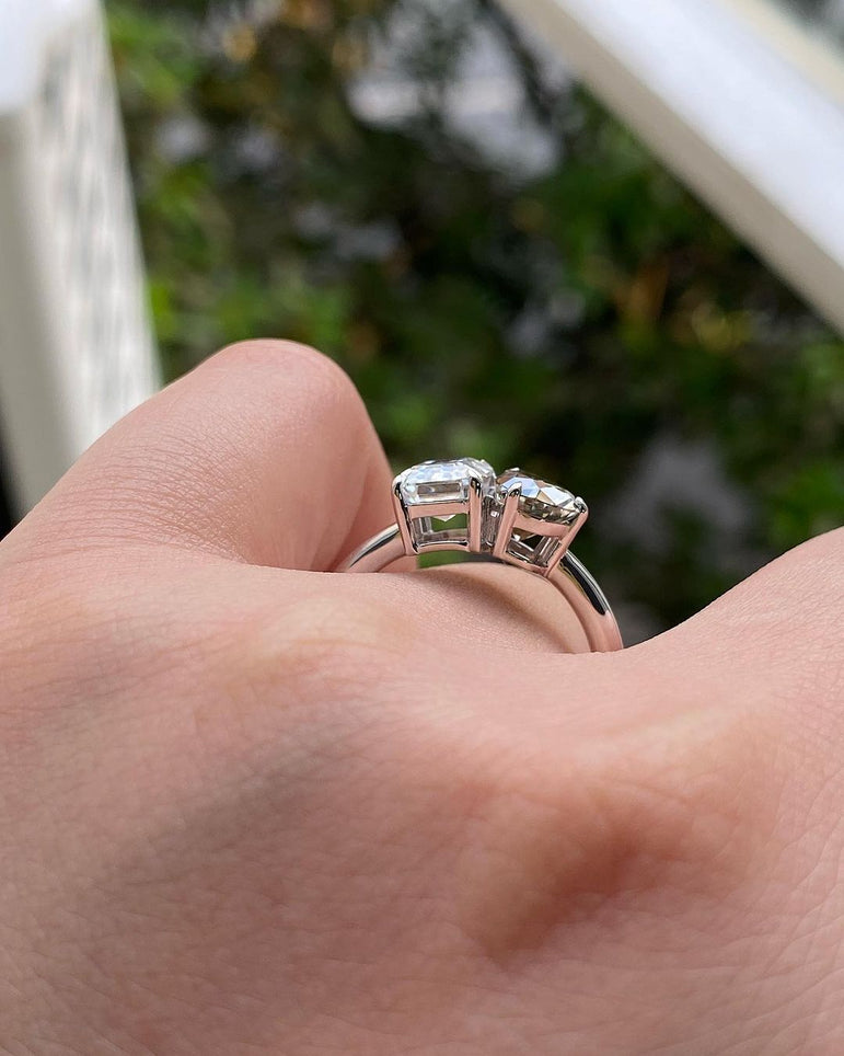 Two Stone Moissanite Engagement Ring Grey Pear & White Emerald Moissanite Toi Et Moi Ring