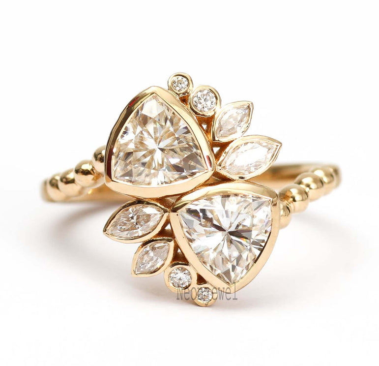 Two Stone Bezel Set Moissanite Diamond Ring Cluster Moissanite Engagement Ring