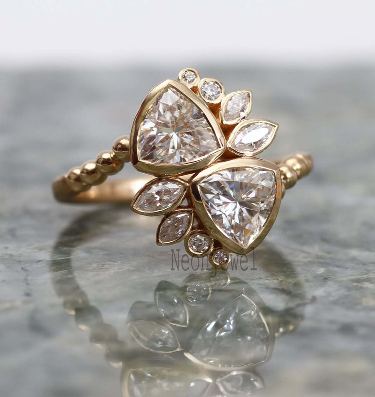 Two Stone Bezel Set Moissanite Diamond Ring Cluster Moissanite Engagement Ring