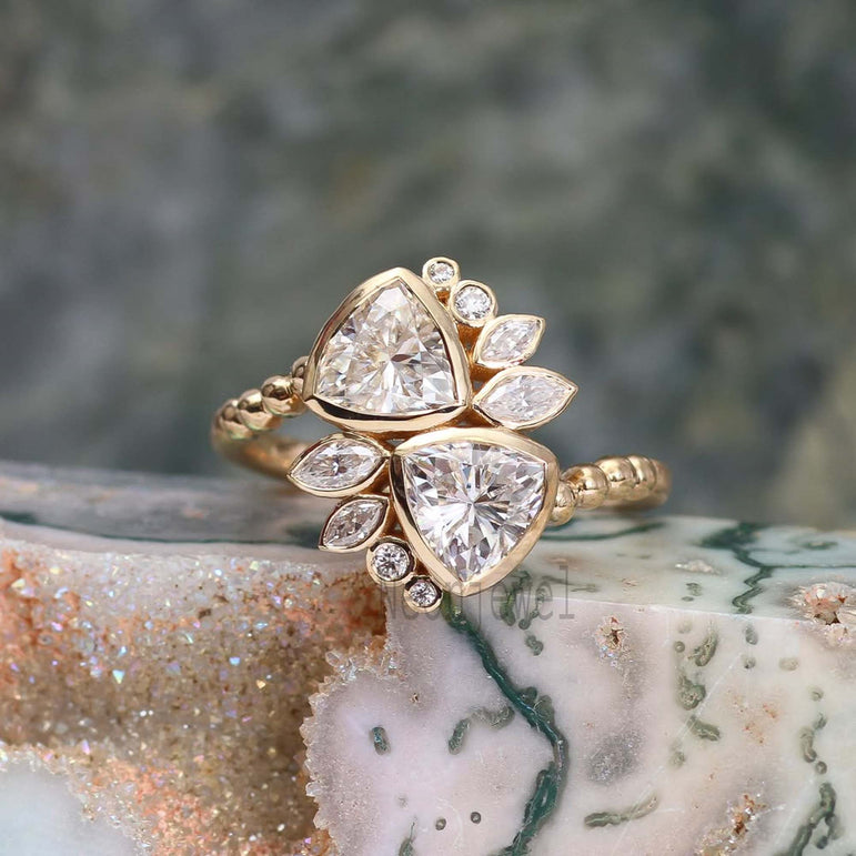 Two Stone Bezel Set Moissanite Diamond Ring Cluster Moissanite Engagement Ring