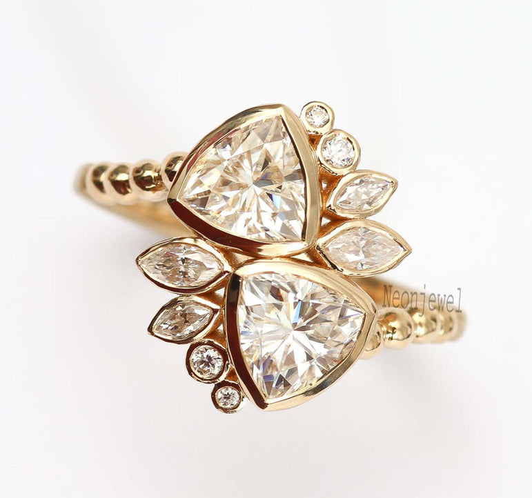 Two Stone Bezel Set Moissanite Diamond Ring Cluster Moissanite Engagement Ring
