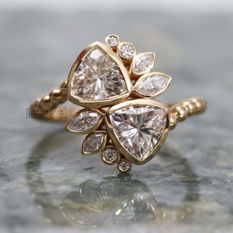 Two Stone Bezel Set Moissanite Diamond Ring Cluster Moissanite Engagement Ring
