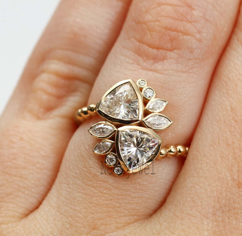 Two Stone Bezel Set Moissanite Diamond Ring Cluster Moissanite Engagement Ring