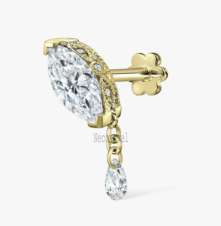 Adeline Single Teardrop Marquise Diamond Threaded Stud Earring 14K Gold Stud Earring