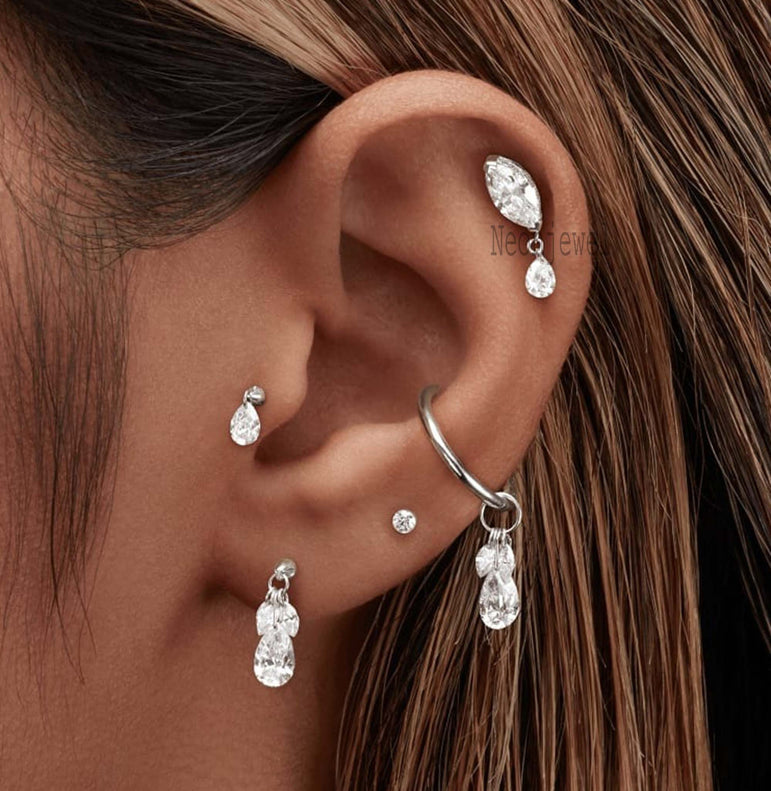 Adeline Single Teardrop Marquise Diamond Threaded Stud Earring 14K Gold Stud Earring