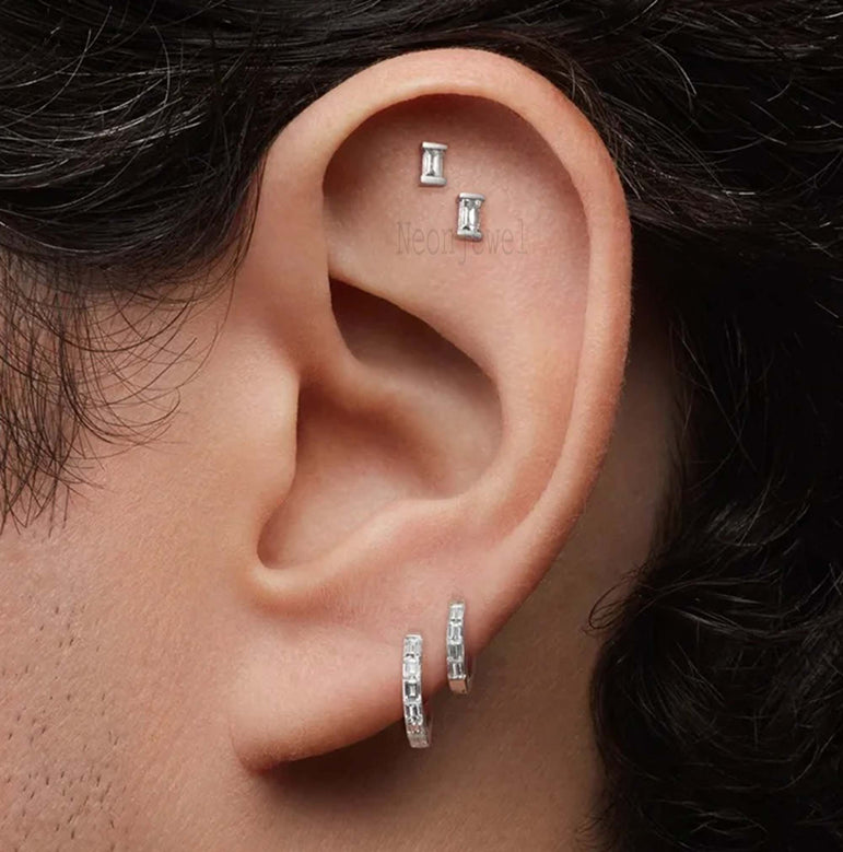 Baguette Diamond Threaded Stud Earring, 14k Gold Rectangular Earring, Minimalist Jewelry