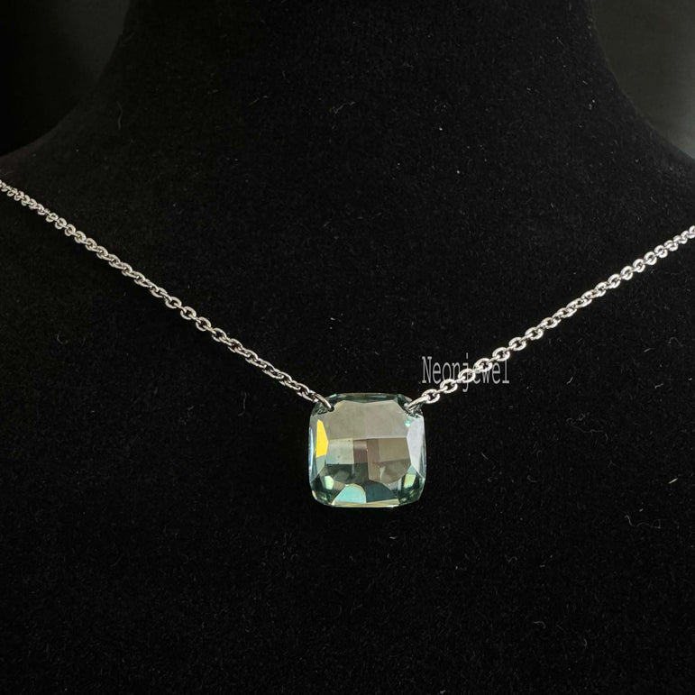 Rose Cut Drill Diamond Necklace Blue Cushion Moissanite Floating Necklace