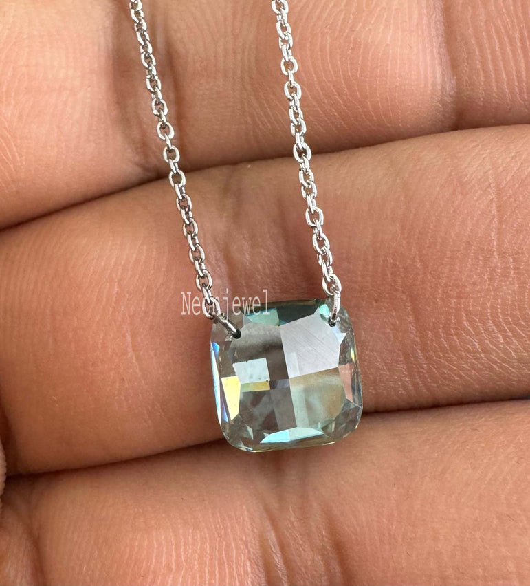 Rose Cut Drill Diamond Necklace Blue Cushion Moissanite Floating Necklace