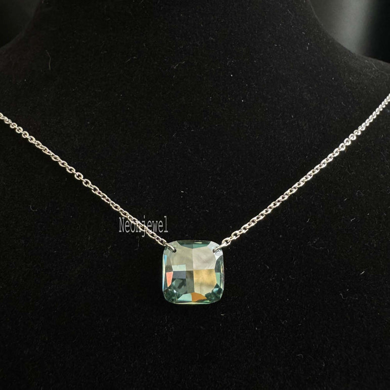 Rose Cut Drill Diamond Necklace Blue Cushion Moissanite Floating Necklace