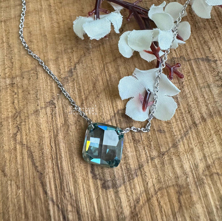 Rose Cut Drill Diamond Necklace Blue Cushion Moissanite Floating Necklace