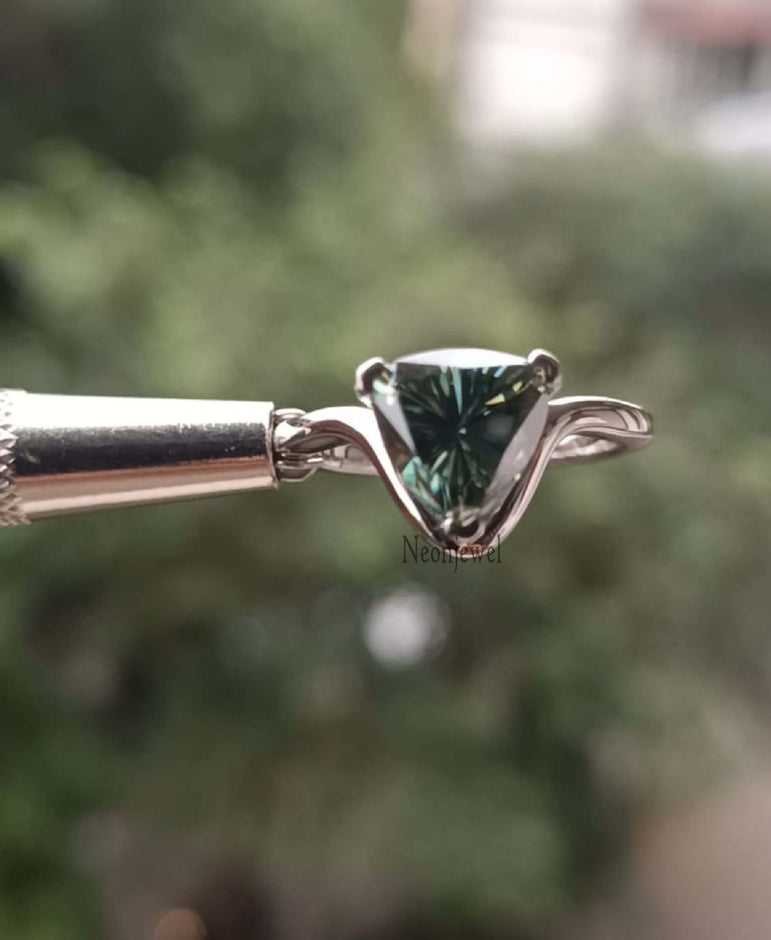 Cyan Blue Moissanite Engagement Ring 1.60 Ct Trillion Moissanite Wedding Ring Solitaire Diamond Ring