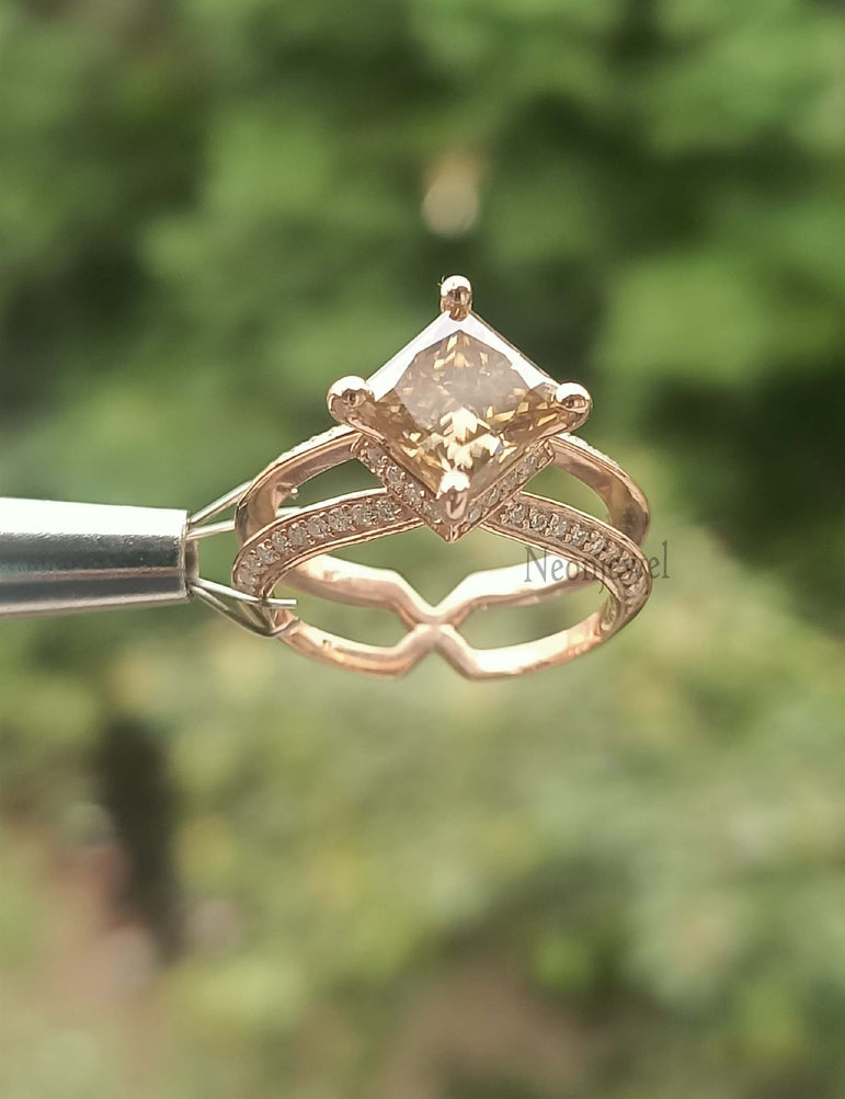 Brown Champagne Moissanite Ring 2.00 Ct Princess Cut Moissanite Engagement Ring Art Deco RIng