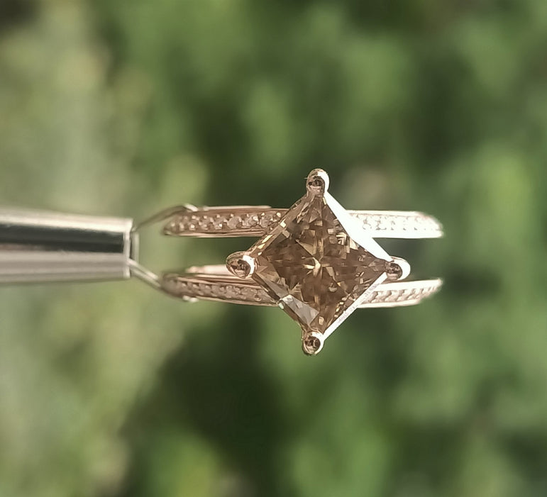 Brown Champagne Moissanite Ring 2.00 Ct Princess Cut Moissanite Engagement Ring Art Deco RIng
