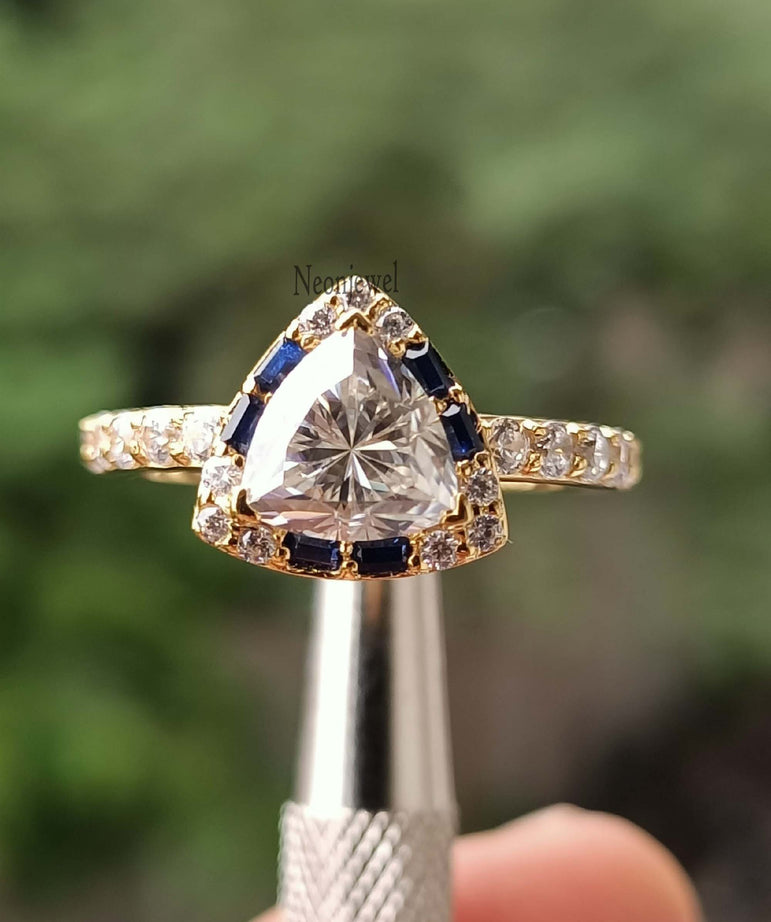 Blue Sapphire Engagement Ring 1.80 Ct Colorless Trillion Moissanite Halo Wedding Ring With 14K Solid Yellow Gold