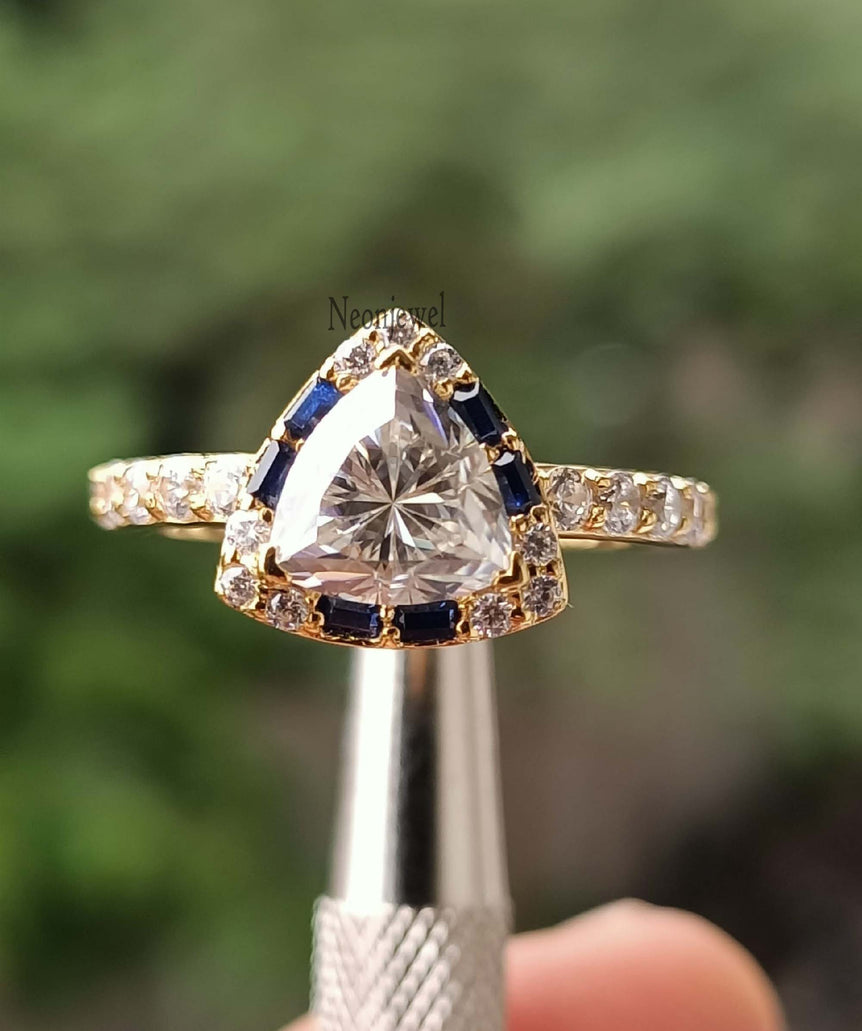 Blue Sapphire Engagement Ring 1.80 Ct Colorless Trillion Moissanite Halo Wedding Ring With 14K Solid Yellow Gold
