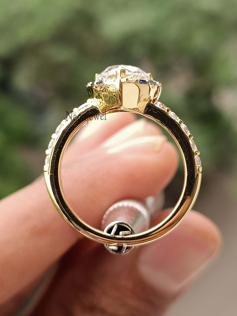 Blue Sapphire Engagement Ring 1.80 Ct Colorless Trillion Moissanite Halo Wedding Ring With 14K Solid Yellow Gold