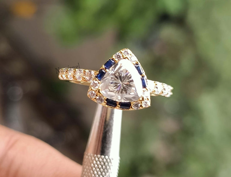 Blue Sapphire Engagement Ring 1.80 Ct Colorless Trillion Moissanite Halo Wedding Ring With 14K Solid Yellow Gold