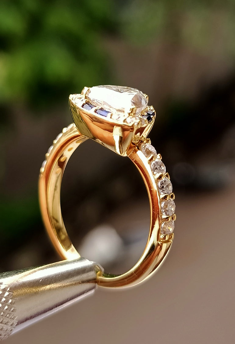 Blue Sapphire Engagement Ring 1.80 Ct Colorless Trillion Moissanite Halo Wedding Ring With 14K Solid Yellow Gold