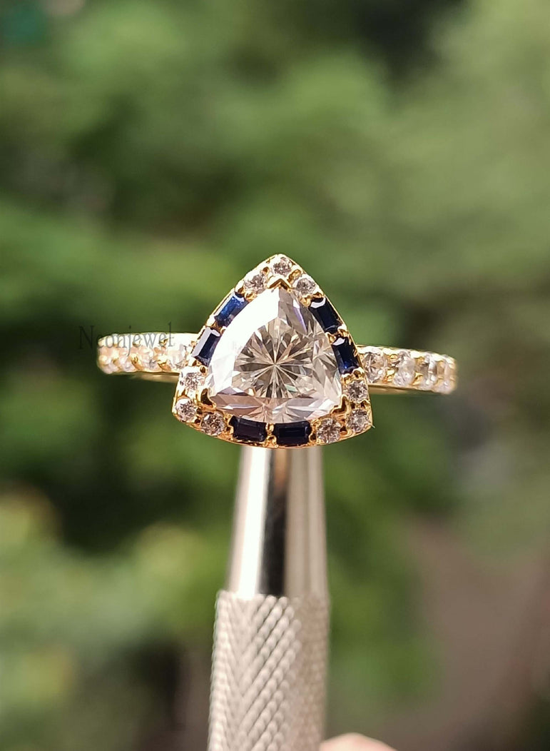 Blue Sapphire Engagement Ring 1.80 Ct Colorless Trillion Moissanite Halo Wedding Ring With 14K Solid Yellow Gold
