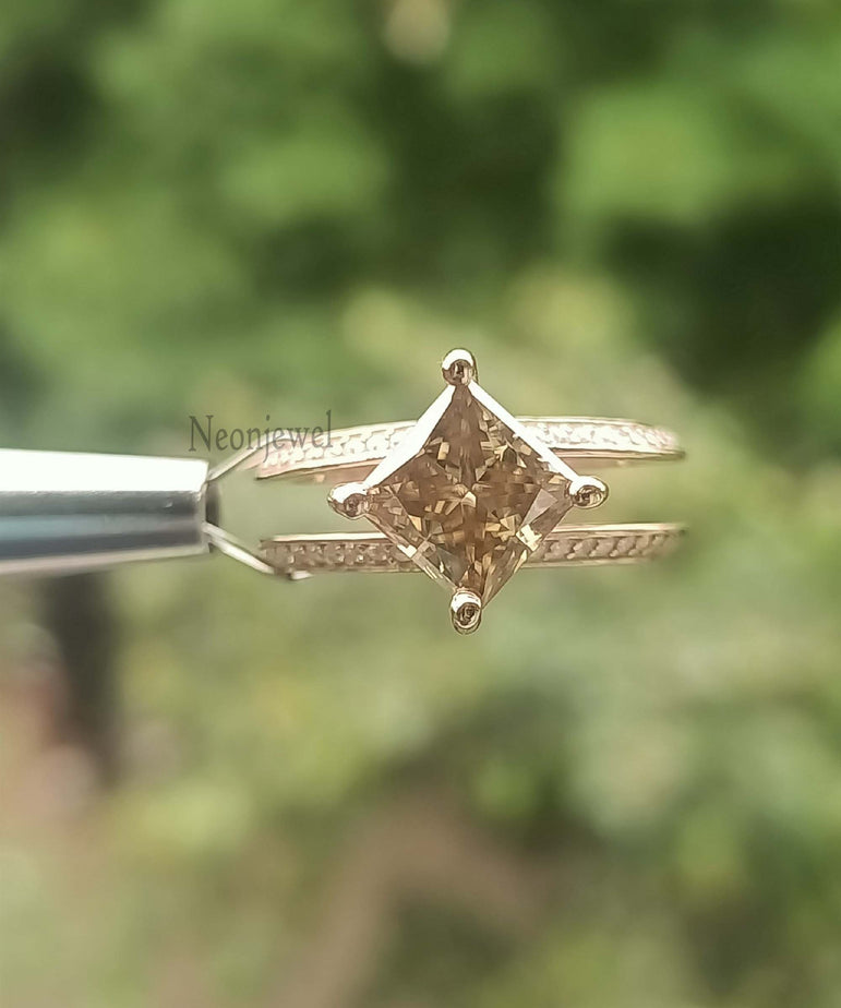 Brown Champagne Moissanite Ring 2.00 Ct Princess Cut Moissanite Engagement Ring Art Deco RIng
