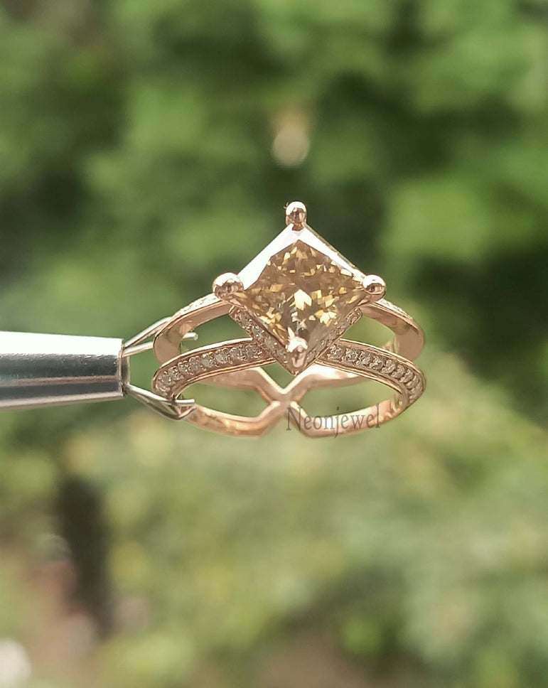 Brown Champagne Moissanite Ring 2.00 Ct Princess Cut Moissanite Engagement Ring Art Deco RIng