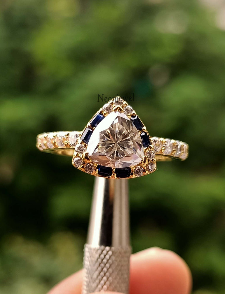 Blue Sapphire Engagement Ring 1.80 Ct Colorless Trillion Moissanite Halo Wedding Ring With 14K Solid Yellow Gold