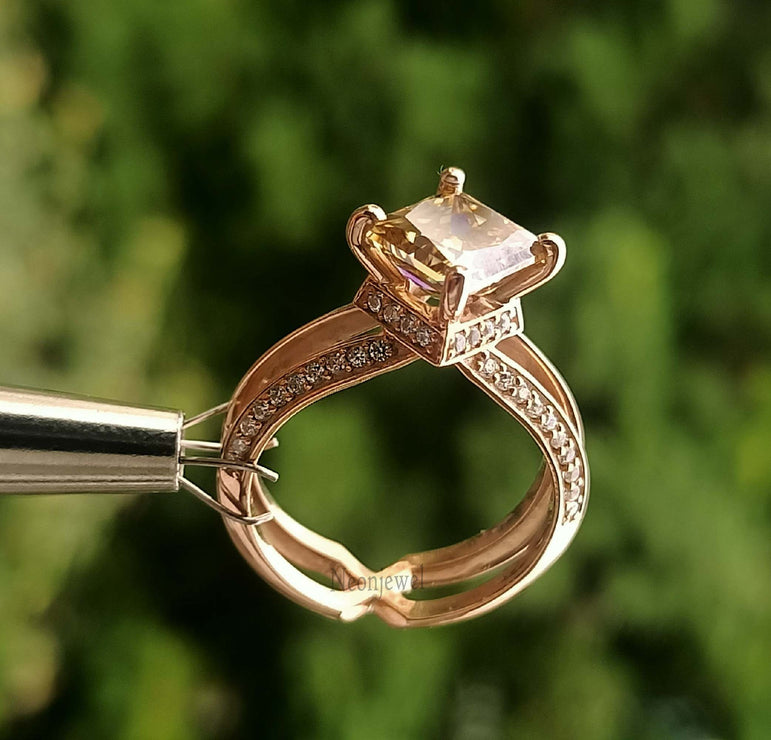 Brown Champagne Moissanite Ring 2.00 Ct Princess Cut Moissanite Engagement Ring Art Deco RIng
