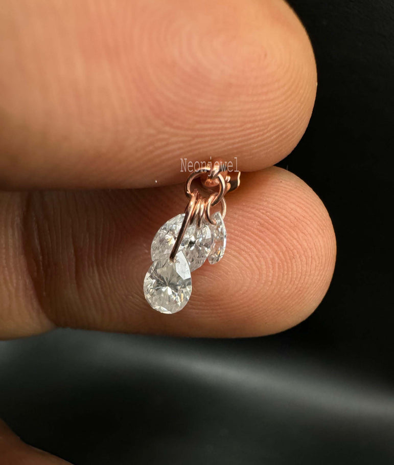 Dilled Pear Diamond Dangle Stud Floating Diamond Plume Threaded Charm Earring Diamond Piercing For Her 14K Solid Gold Marquise Dangle Stud