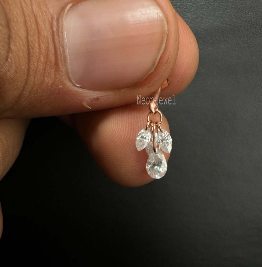 Pear Diamond Dangle Stud Floating Diamond Plume Threaded Charm Earring Diamond Piercing For Her 14K Solid Gold Marquise Dangle Stud