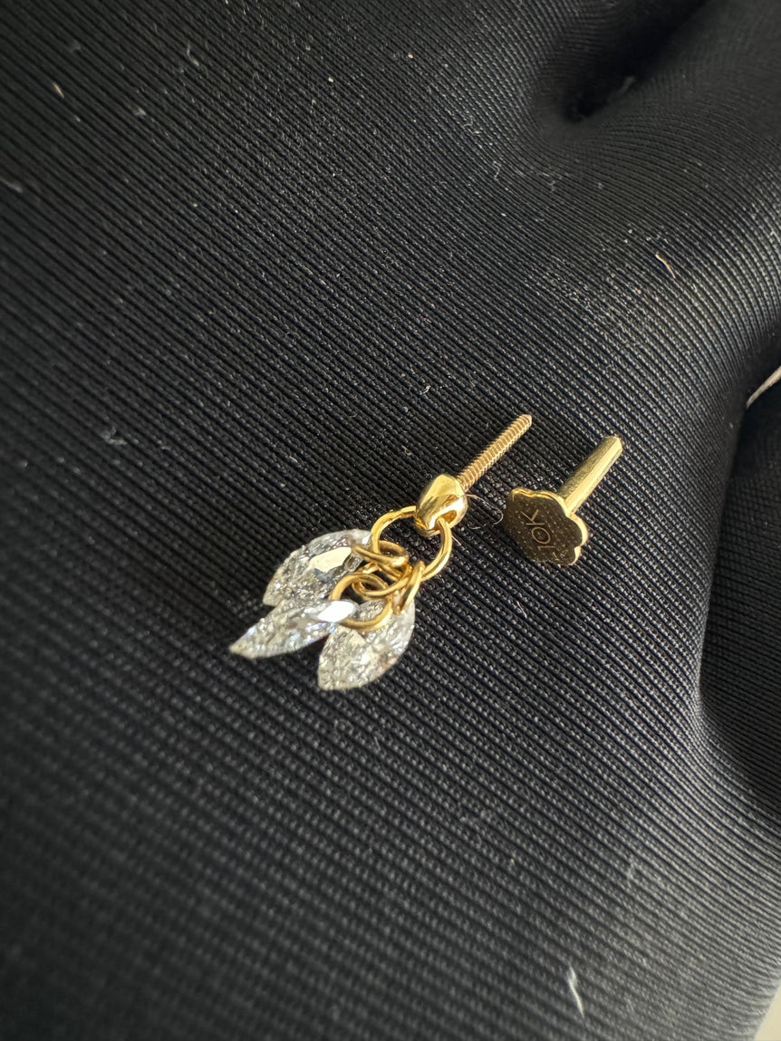 Floating Diamond Plume Threaded Charm Earring 14K Solid Gold Marquise Drilled Diamond Dangle Stud