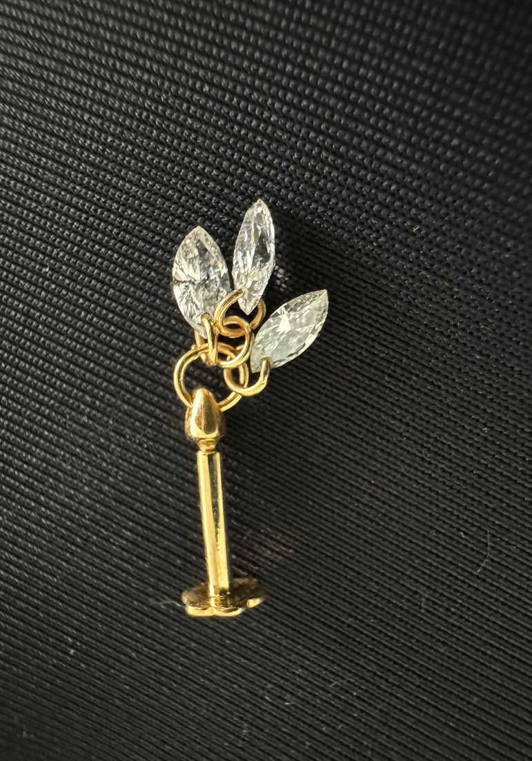 Floating Diamond Plume Threaded Charm Earring 14K Solid Gold Marquise Drilled Diamond Dangle Stud