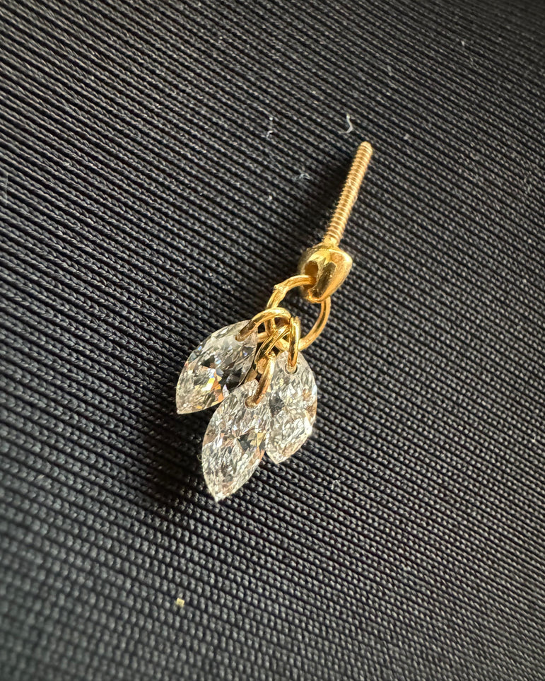 Floating Diamond Plume Threaded Charm Earring 14K Solid Gold Marquise Drilled Diamond Dangle Stud