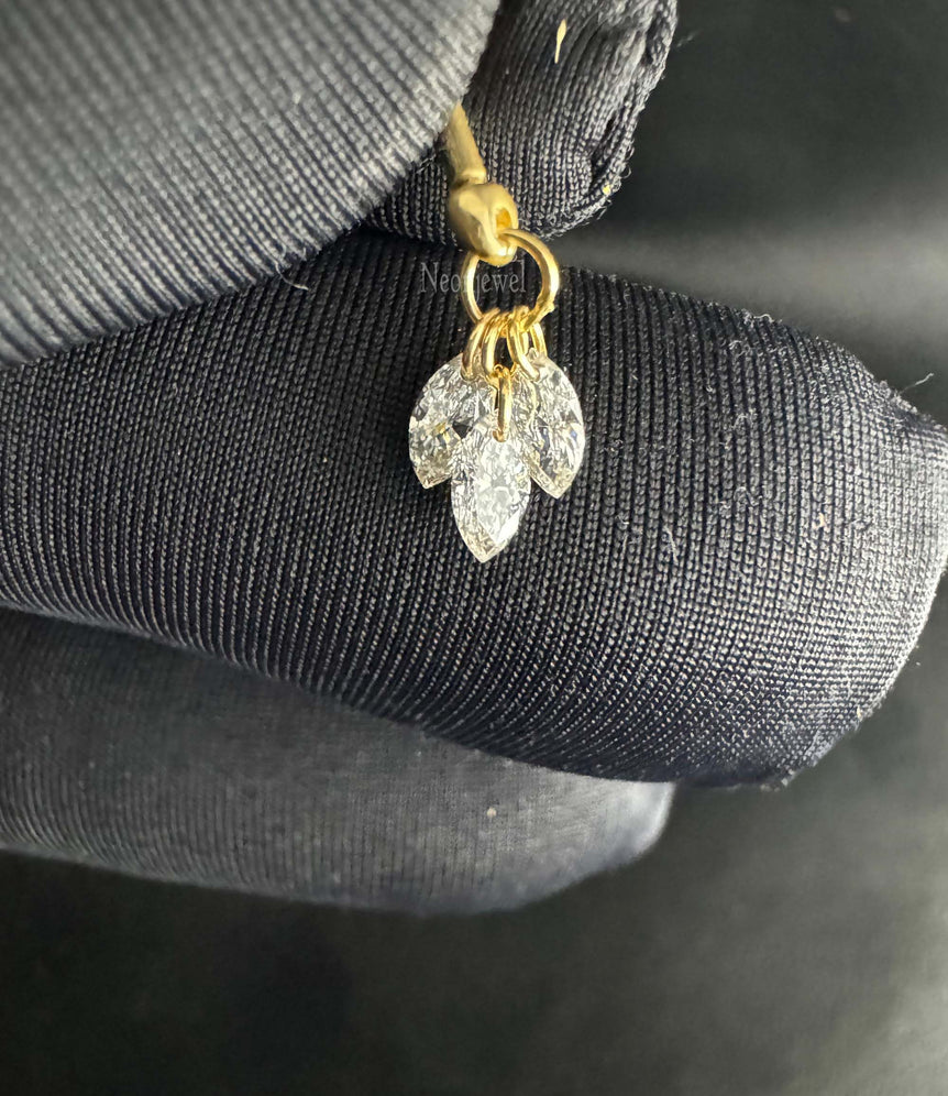 Floating Diamond Plume Threaded Charm Earring 14K Solid Gold Marquise Drilled Diamond Dangle Stud