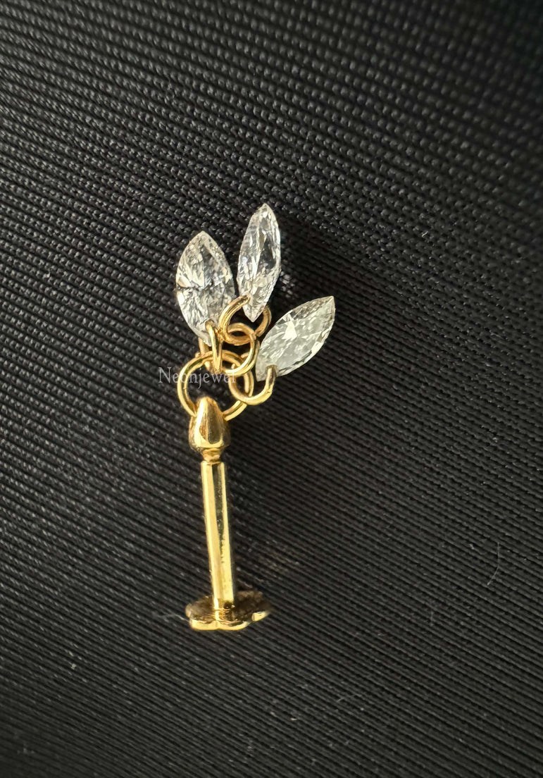 Floating Diamond Plume Threaded Charm Earring 14K Solid Gold Marquise Drilled Diamond Dangle Stud