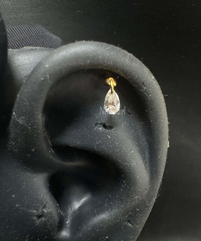 Floating Pear Diamond Charm Threaded Stud Earring Natural Pear Diamond Stud 16g Threaded Flatback Piercing 14k Helix Flat Unique Ear Set Up