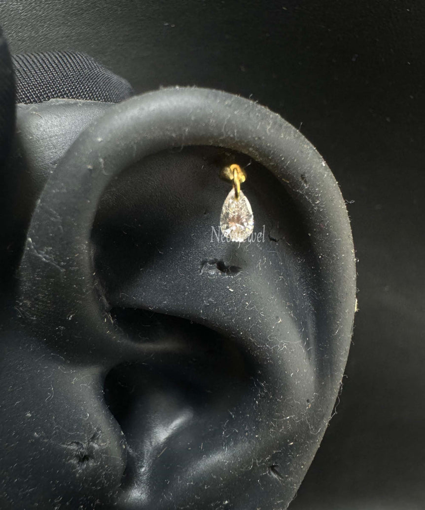 Floating Pear Diamond Charm Threaded Stud Earring Natural Pear Diamond Stud 16g Threaded Flatback Piercing 14k Helix Flat Unique Ear Set Up