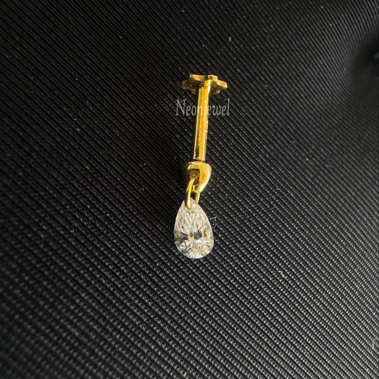 Floating Pear Diamond Charm Threaded Stud Earring Natural Pear Diamond Stud 16g Threaded Flatback Piercing 14k Helix Flat Unique Ear Set Up