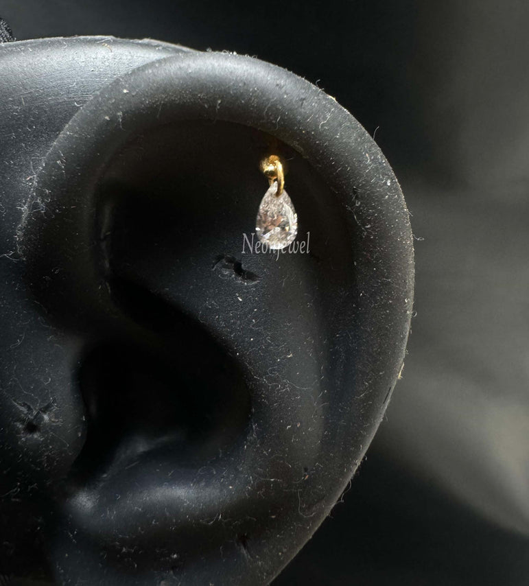 Floating Pear Diamond Charm Threaded Stud Earring Natural Pear Diamond Stud 16g Threaded Flatback Piercing 14k Helix Flat Unique Ear Set Up