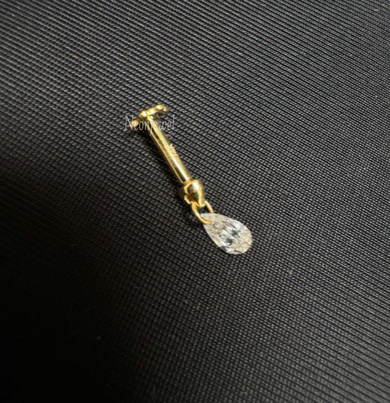 Floating Pear Diamond Charm Threaded Stud Earring Natural Pear Diamond Stud 16g Threaded Flatback Piercing 14k Helix Flat Unique Ear Set Up