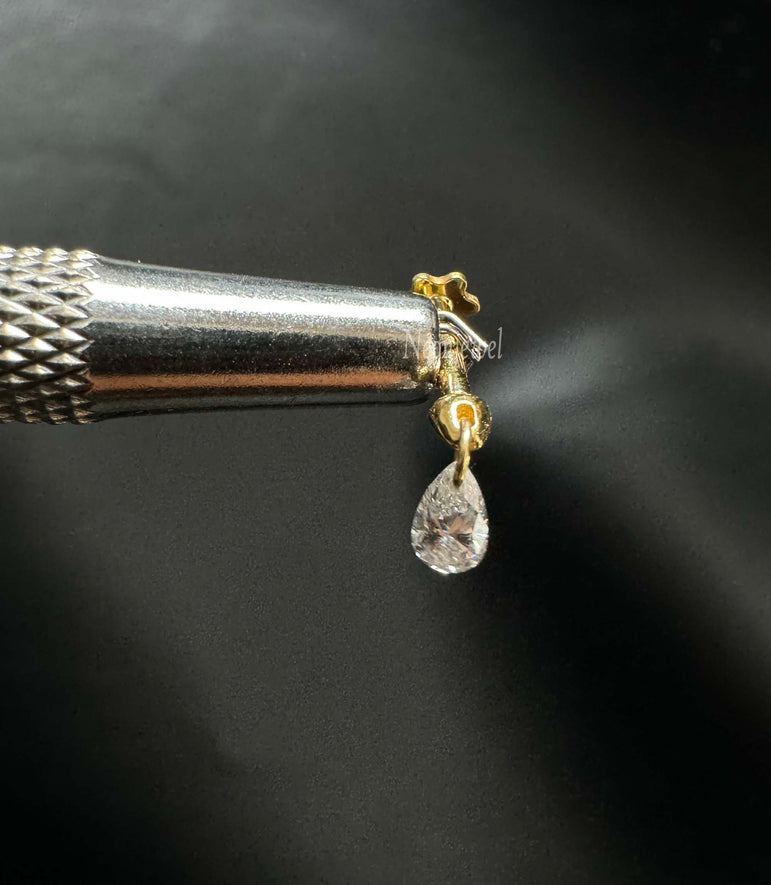 Floating Pear Diamond Charm Threaded Stud Earring Natural Pear Diamond Stud 16g Threaded Flatback Piercing 14k Helix Flat Unique Ear Set Up