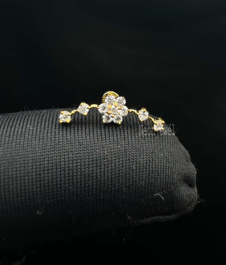 14K Solid Gold Diamond Flower Ear Climber, Curved Flower Climber Earring Curved Flower Ear Crawler