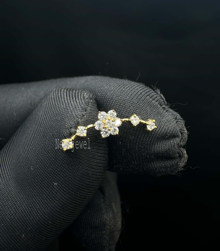 14K Solid Gold Diamond Flower Ear Climber, Curved Flower Climber Earring Curved Flower Ear Crawler