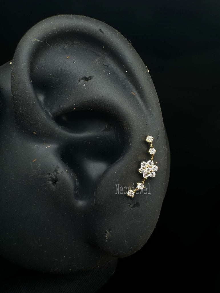 14K Solid Gold Diamond Flower Ear Climber, Curved Flower Climber Earring Curved Flower Ear Crawler