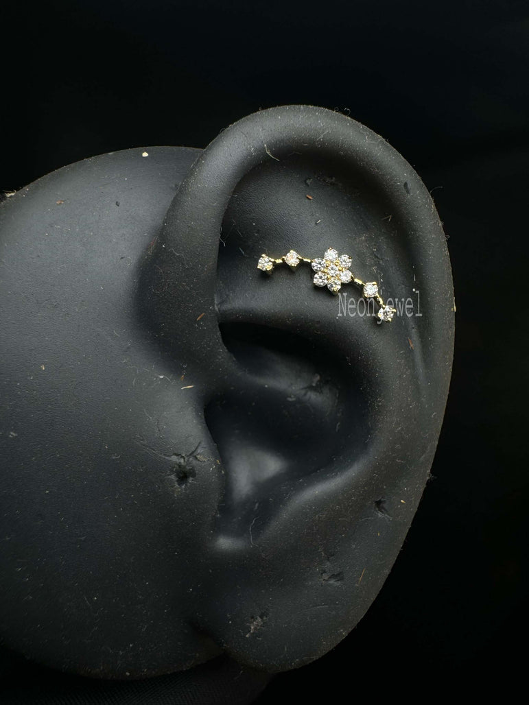 14K Solid Gold Diamond Flower Ear Climber, Curved Flower Climber Earring Curved Flower Ear Crawler