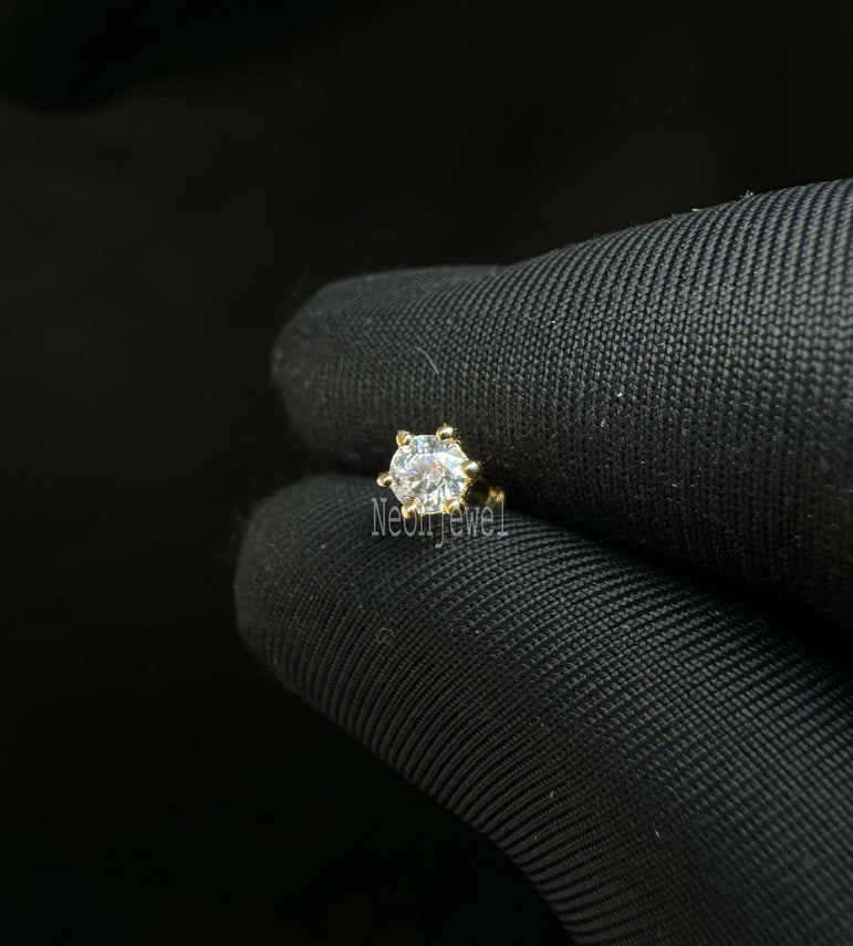 Faceted Round Threaded Stud Earring Single Diamond Minimalist Stud Piercing For Women 14K Solid Gold Stud
