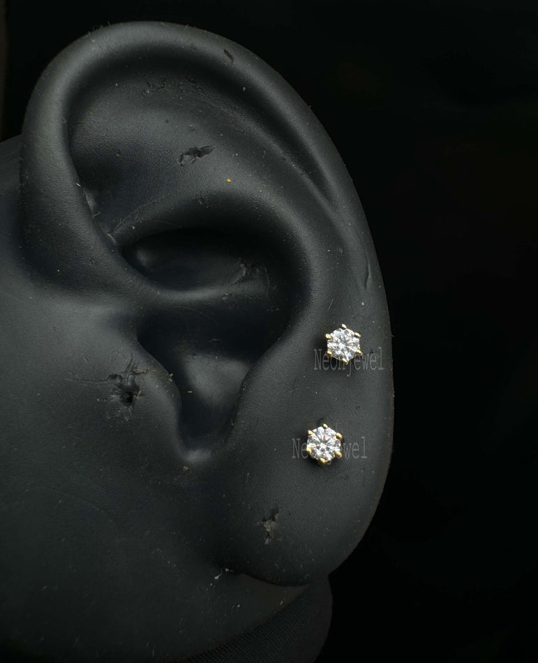 Faceted Round Threaded Stud Earring Single Diamond Minimalist Stud Piercing For Women 14K Solid Gold Stud