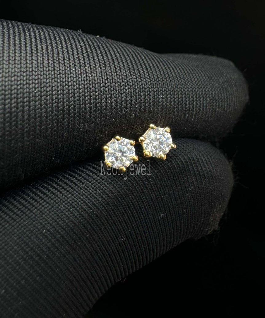 Faceted Round Threaded Stud Earring Single Diamond Minimalist Stud Piercing For Women 14K Solid Gold Stud