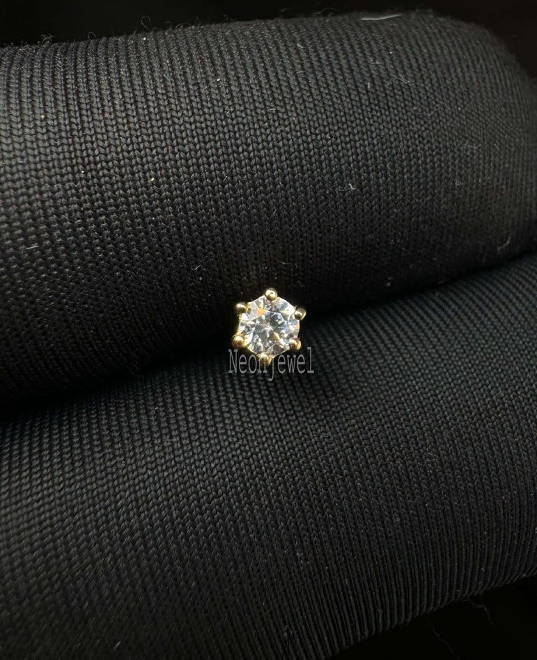 Faceted Round Threaded Stud Earring Single Diamond Minimalist Stud Piercing For Women 14K Solid Gold Stud